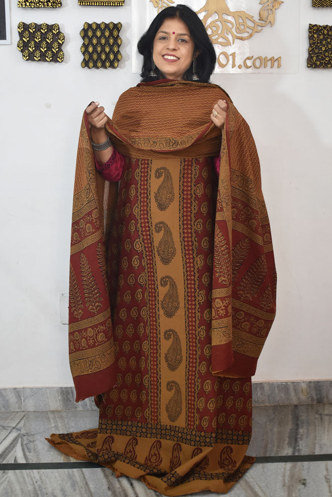 Bagh Hand Block Printed unstitched 3 pc Cotton suit fabric with Placement block print from MP