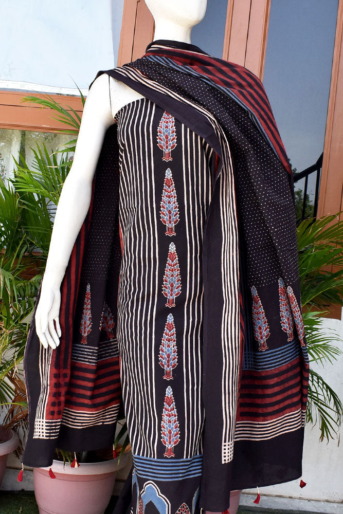 Hand Block Print Ajrakh Cotton Suit with designer Ajrakh neck yoke pattern