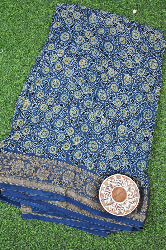 Beautiful Ajrakh Dola Silk Hand Block Print Fabric - 3 mtrs cut