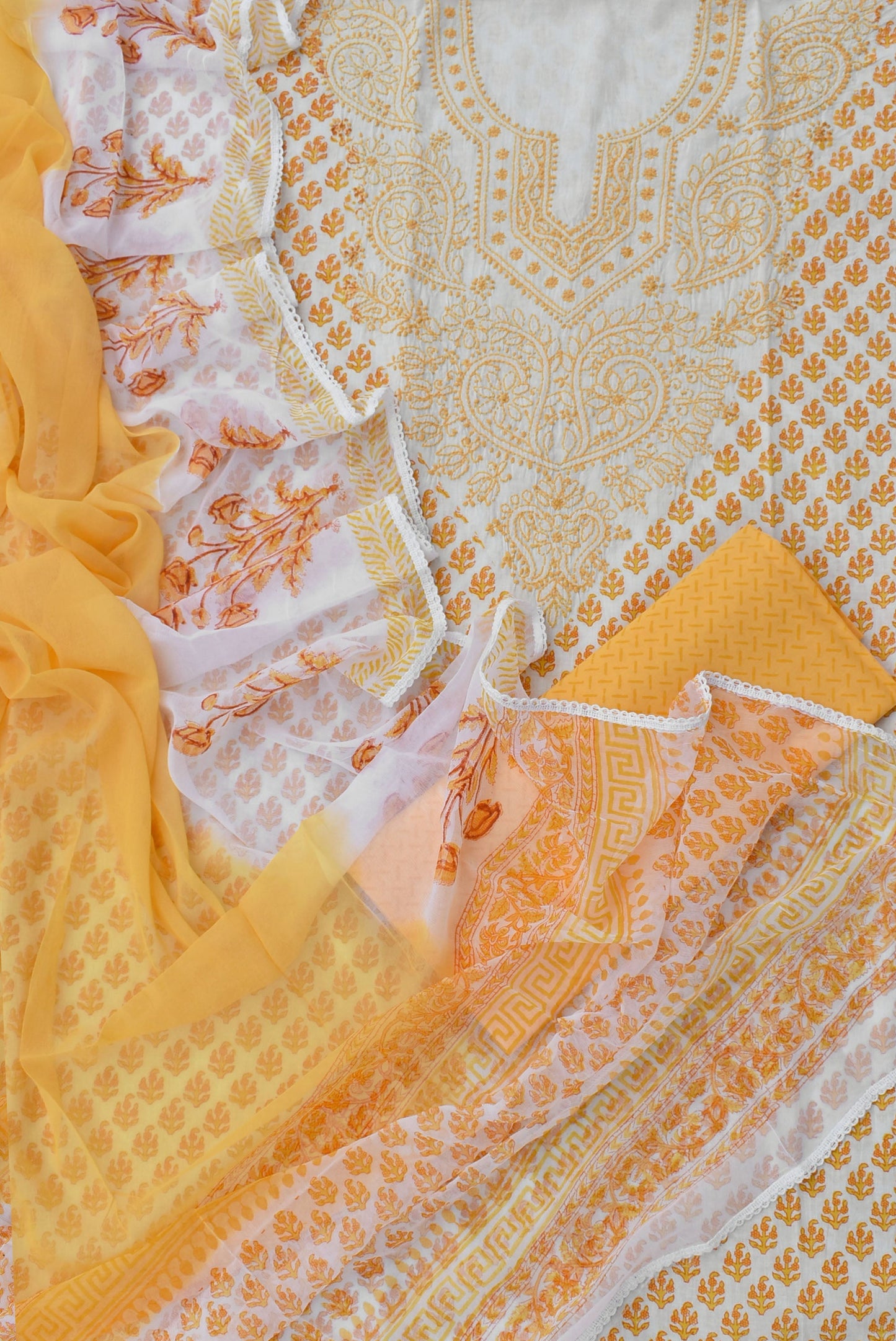Beautiful Cotton Unstitched Suit Fabric with Chikankari & Hand Block printing