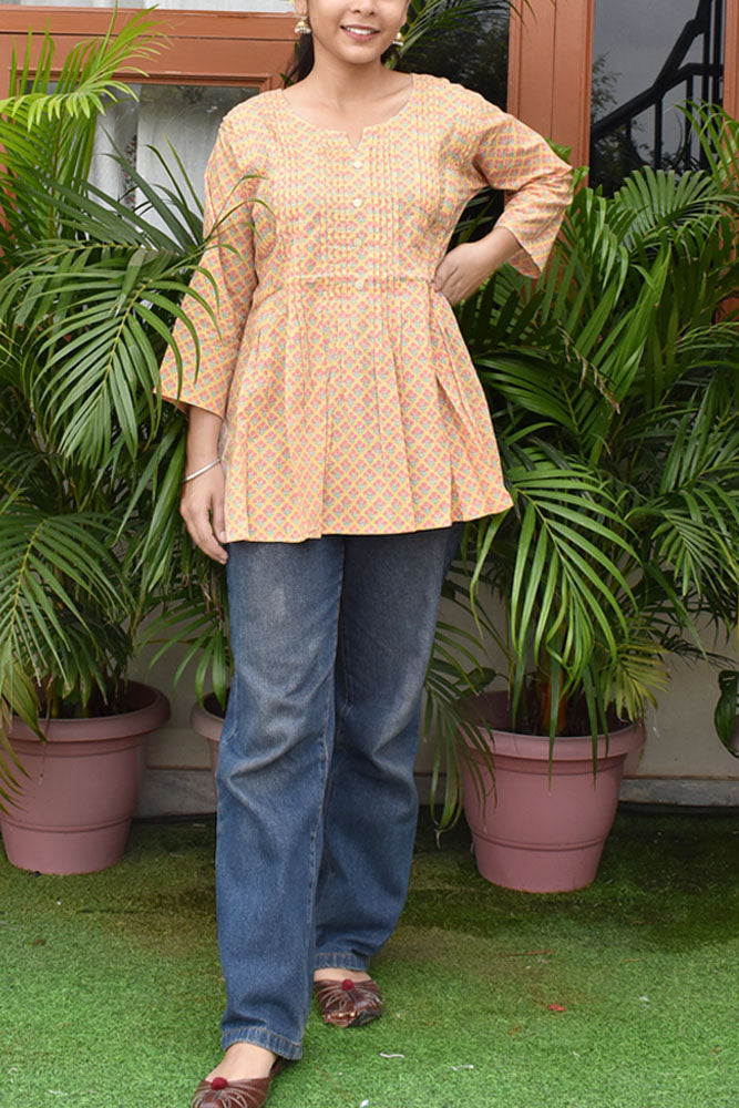 Elegant Soft Cotton Short top / Kurta with pleats Size - 36, 38, 40, 42