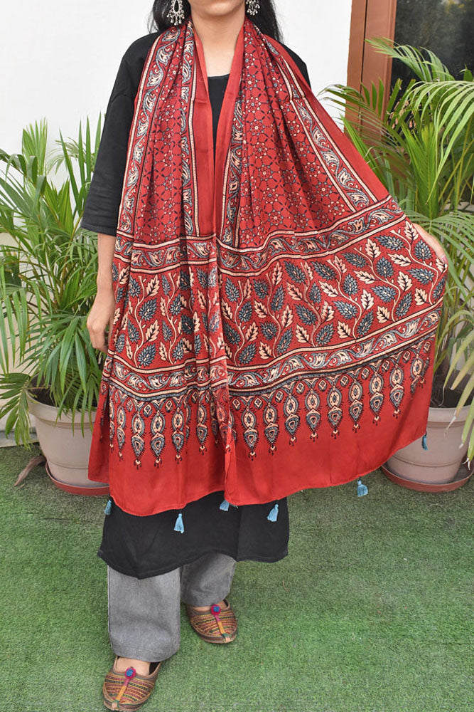 Beautiful Hand Block Printed Ajrakh Modal Silk stole with Tassels
