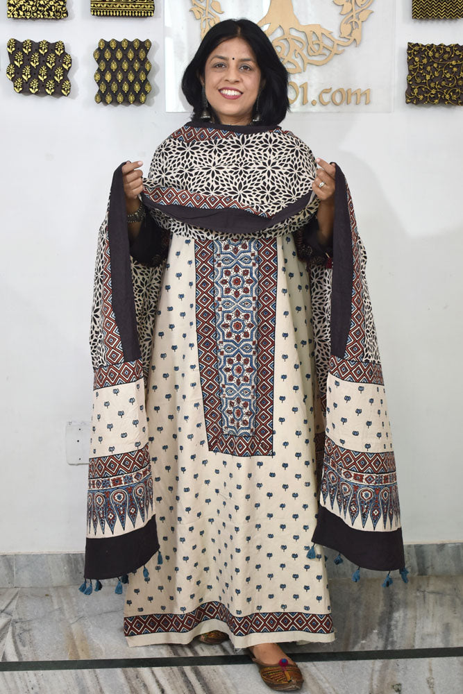 Block Print Ajrakh Cotton Suit with designer Ajrakh neck yoke /panel & Stole