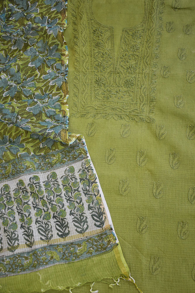 Elegant Lucknowi Chikankari Hand Embroidery work & Block print kota dupatta set