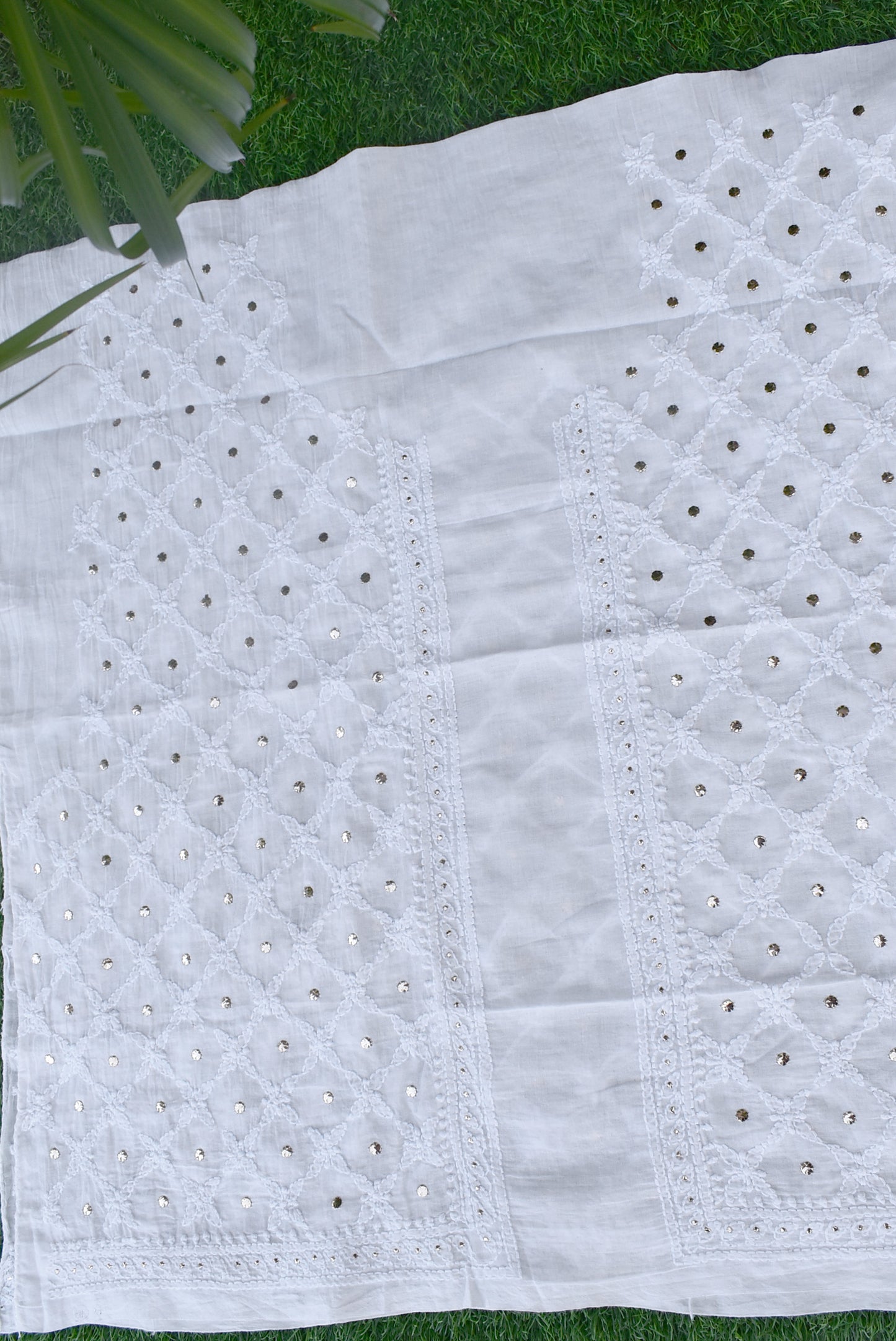 Mul Cotton Blouse fabric with Heavy Jaal Hand Chikankari & Muqaish work - Dyeable