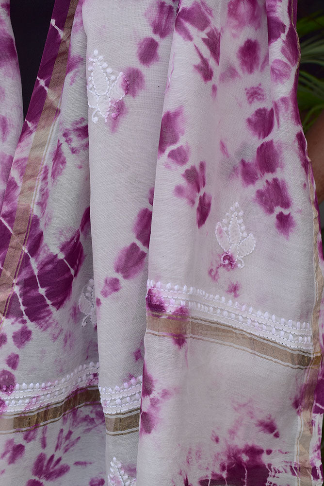 Beautiful Tie & dye Chanderi Dupatta with Hand Lucknowi Chikankari Embroidery