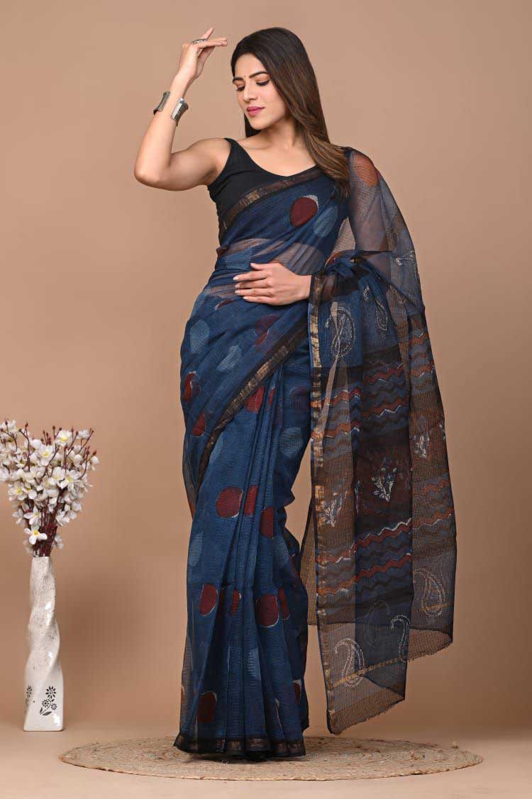 Beautiful Hand Block Printed Kota cotton Saree with zari border