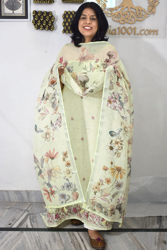 Dhairya : Beautiful Pure Linen suit with Digital print , intricate embroidery and cotton silk bottom