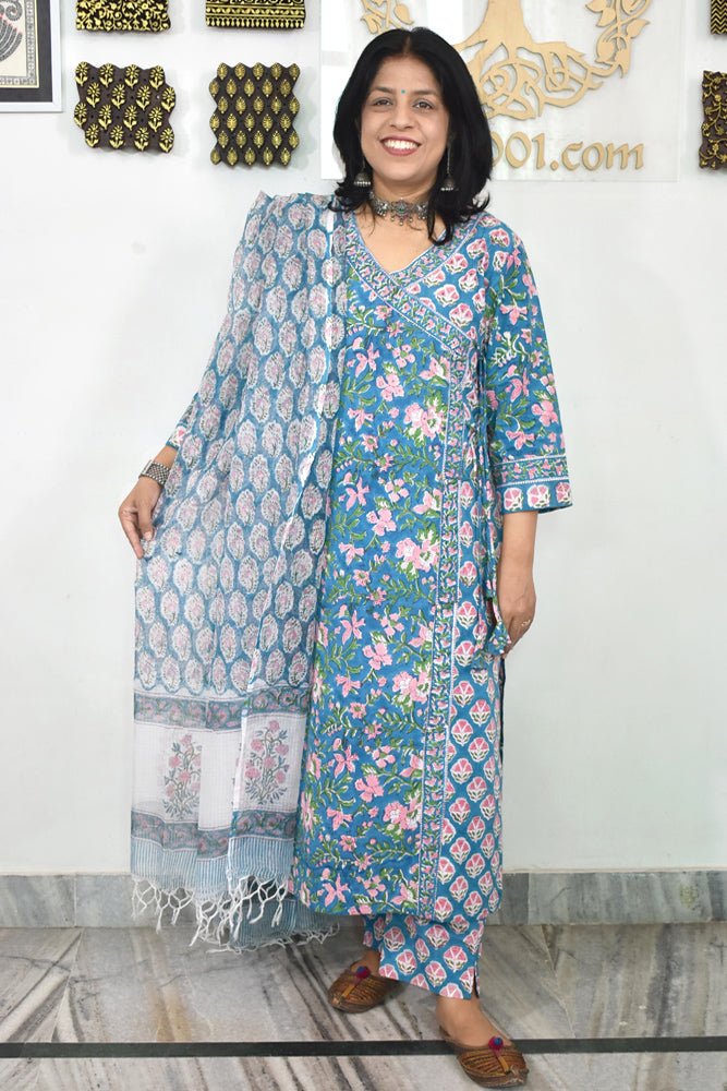 Hand Block Printed Cotton suit with Hand Embroidery - Kurta , Kota Dupatta & Pant - size 38, 40, 42, 44, 46