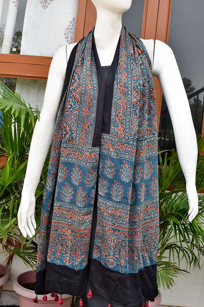 Beautiful Hand Block Printed Ajrakh Modal Silk stole with Tassels