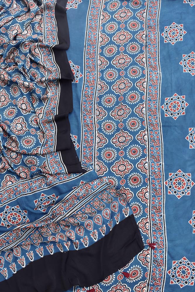 Designer Ajrakh Modal Kurta and Dupatta Set with Neck yoke and panel design