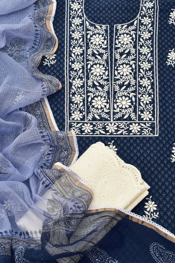 Beautiful Cotton Unstitched Suit Fabric with Embroidery work, Lace Detailing, Schiffli work bottom & & Kota Dupatta dupatta