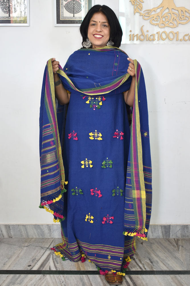 Premium Handwoven Kala Cotton Bhujodi suits with Mirror and Miri work - 3 pc set
