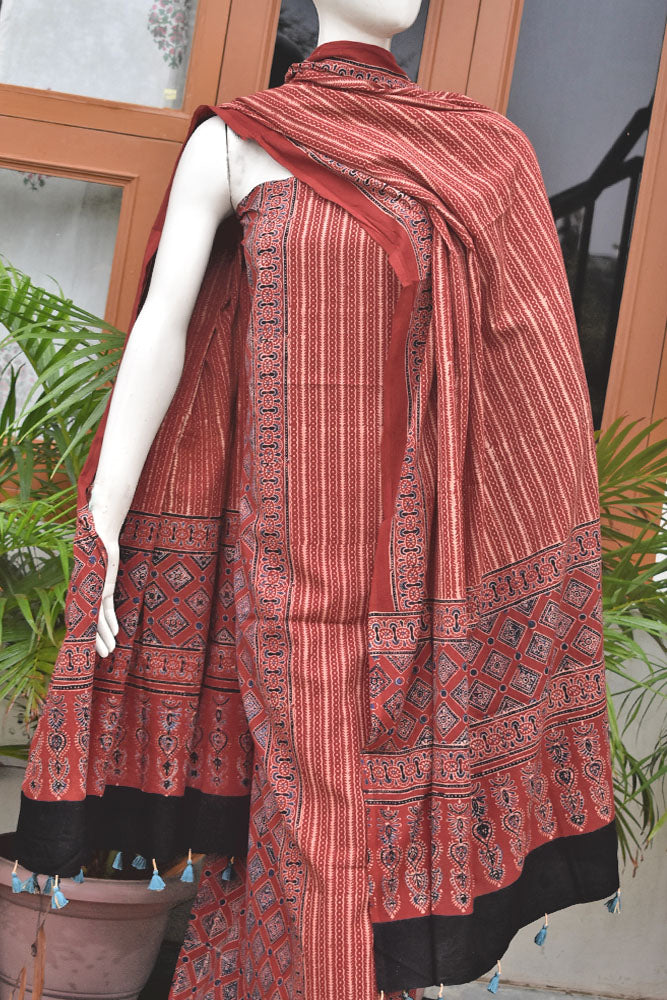 Hand Block Print Ajrakh Cotton Suit with designer Ajrakh neck yoke pattern