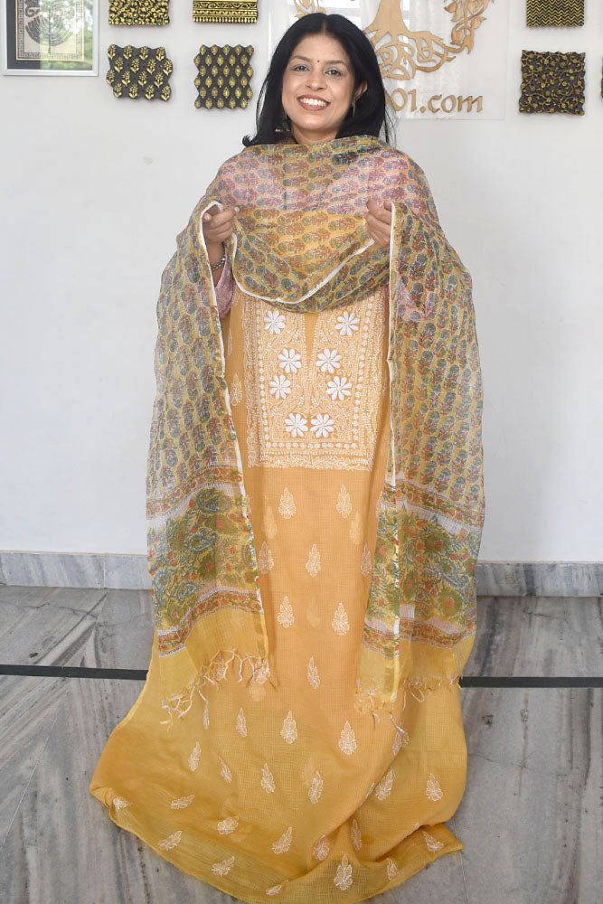 Elegant Lucknowi Chikankari Hand Embroidery work & Block print Dupatta - 2 pc set