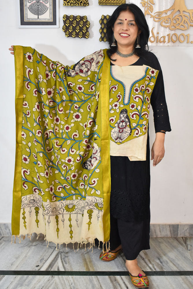 Beautiful Hand Painted Pen Kalamkari Dupatta & patch in Bangalore silk in Cotton