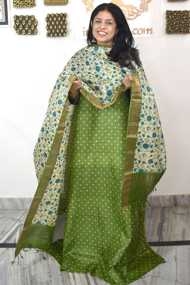 Beautiful Hand Block printed Tussar Silk Kurta Dupatta Set