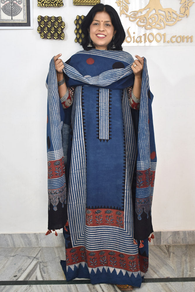 Block Print Ajrakh Cotton Suit with designer Ajrakh neck yoke /panel & Long Stole