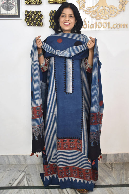 Block Print Ajrakh Cotton Suit with designer Ajrakh neck yoke /panel & Long Stole