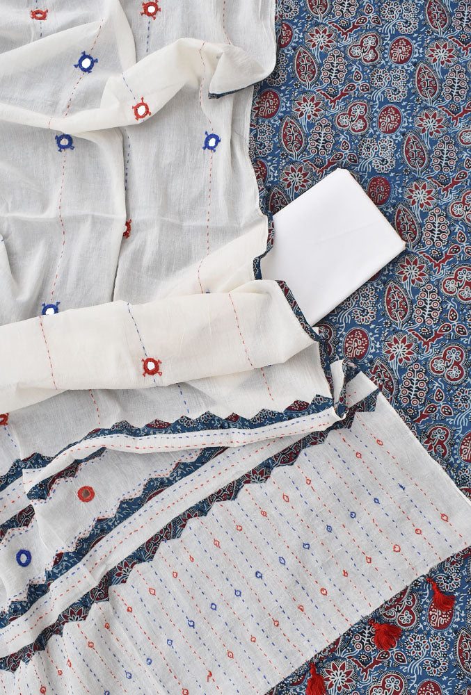 Beautiful Ajrakh Cotton Unstitched Suit with Real Mirror, Kantha & Applique Work dupatta