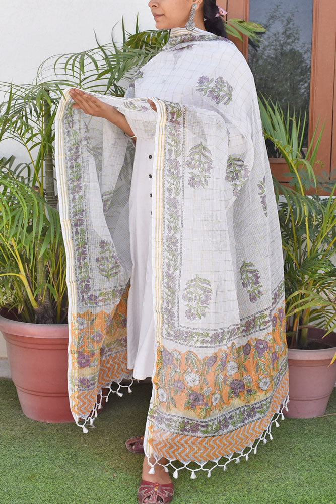 Beautiful Hand Block Printed Kota Doria Dupatta with zari checks and zari border