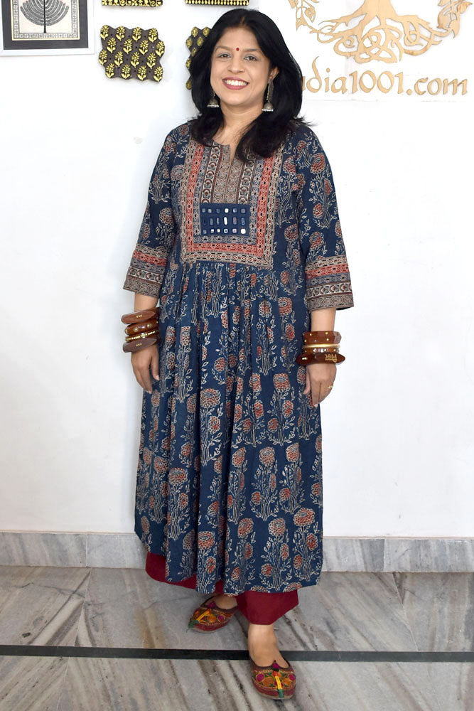 Designer Hand Block Printed Ajrakh cotton Kurta With Mirror Work - Size 38 to 46 ( all sizes)