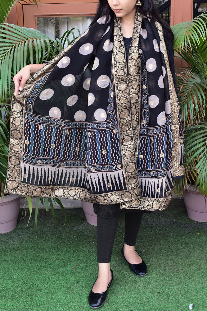 Elegant Ajrakh Hand Block Print Organza Dupatta/ Stole with Woven bootis and borders