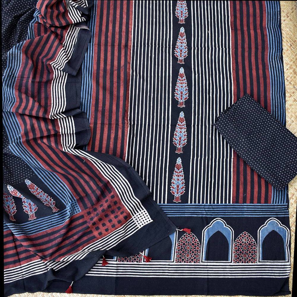 Hand Block Print Ajrakh Cotton Suit with designer Ajrakh neck yoke pattern