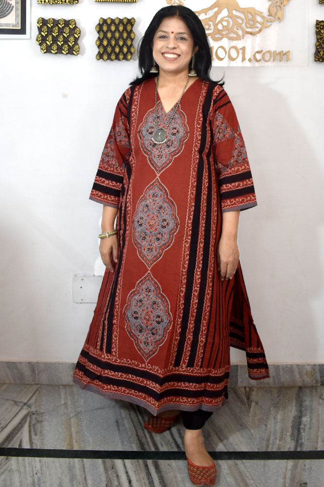 Designer Hand Block Printed Ajrakh cotton Kurta / Dress - Size 36 to 48( all sizes)