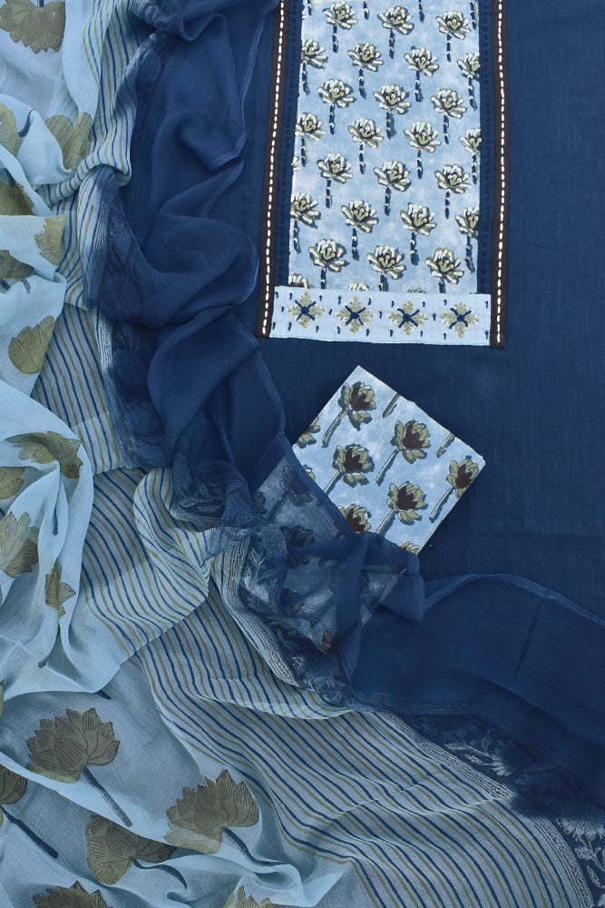 Premium Cotton Unstitched Suit with Dabu Ajrakh patch , Intricate Hand Embroidery, mirror & sequin work & chiffon dupatta