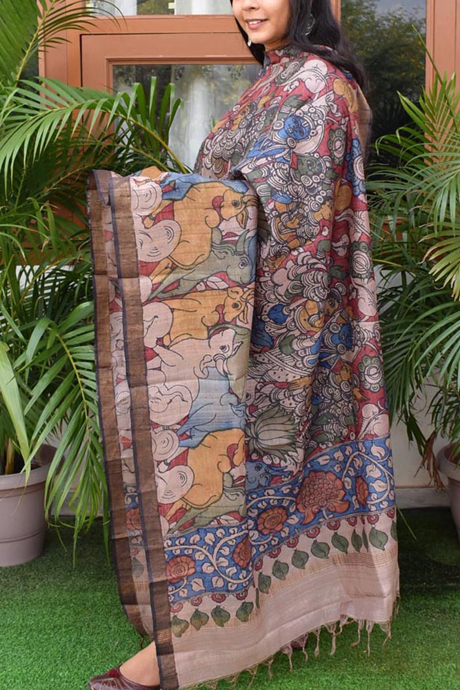 Earthy Hand Painted Kalamkari Desi Tussar Silk Dupatta