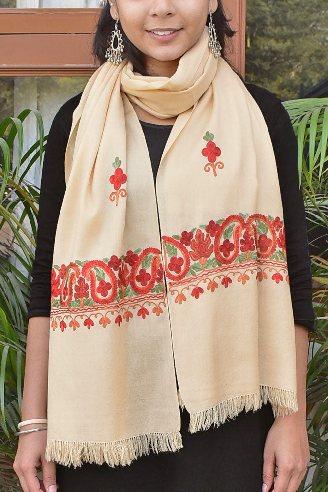 Elegant , Fine & Soft Semi Pashmina Woolen Stole with Aari work Embroidery