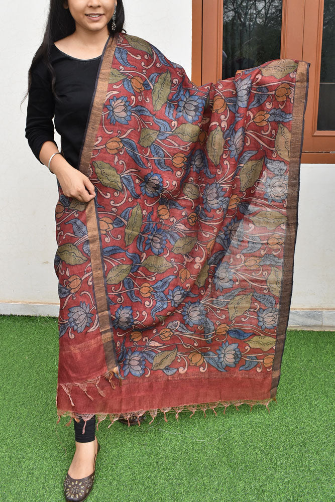 Earthy Hand Painted Kalamkari Desi Tussar Silk Dupatta