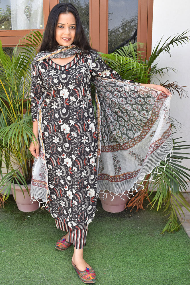 Hand Block Printed Cotton suit with kota dupatta - Kurta , Dupatta & Pant - size 38, 42