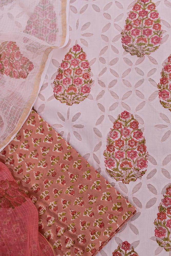 Hand Block Printed Cotton Suit with Hand applique work & Kota dupatta