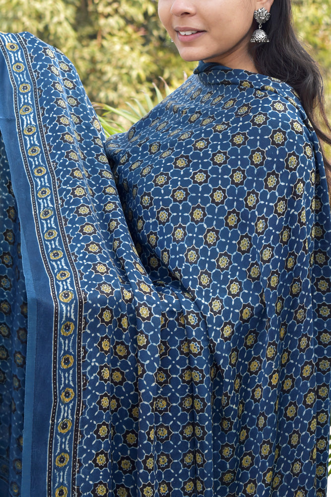 Elegant Modal Silk Ajrakh Block Print Dupatta with tassels