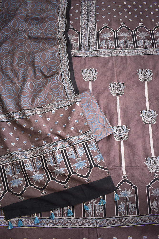 Block Print Ajrakh Cotton Suit with designer Ajrakh neck yoke /panel & Long Stole
