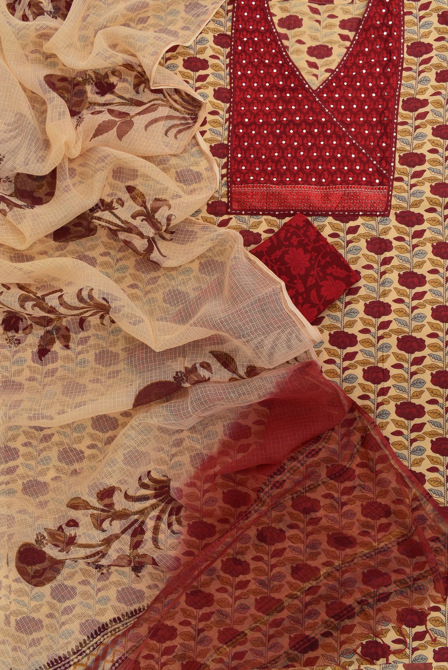 Premium Soft Cotton Unstitched Suit with Intricate Hand Embroidery with Kota Doria Dupatta