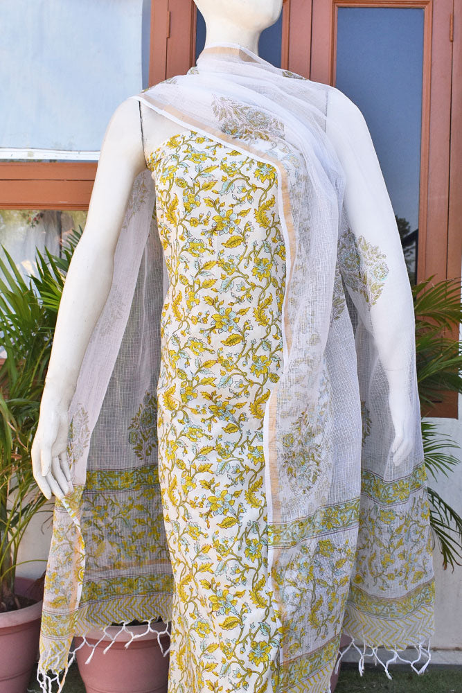 Beautiful Hand Block Printed Cotton unstitched suit fabric with Kota Doria Dupatta