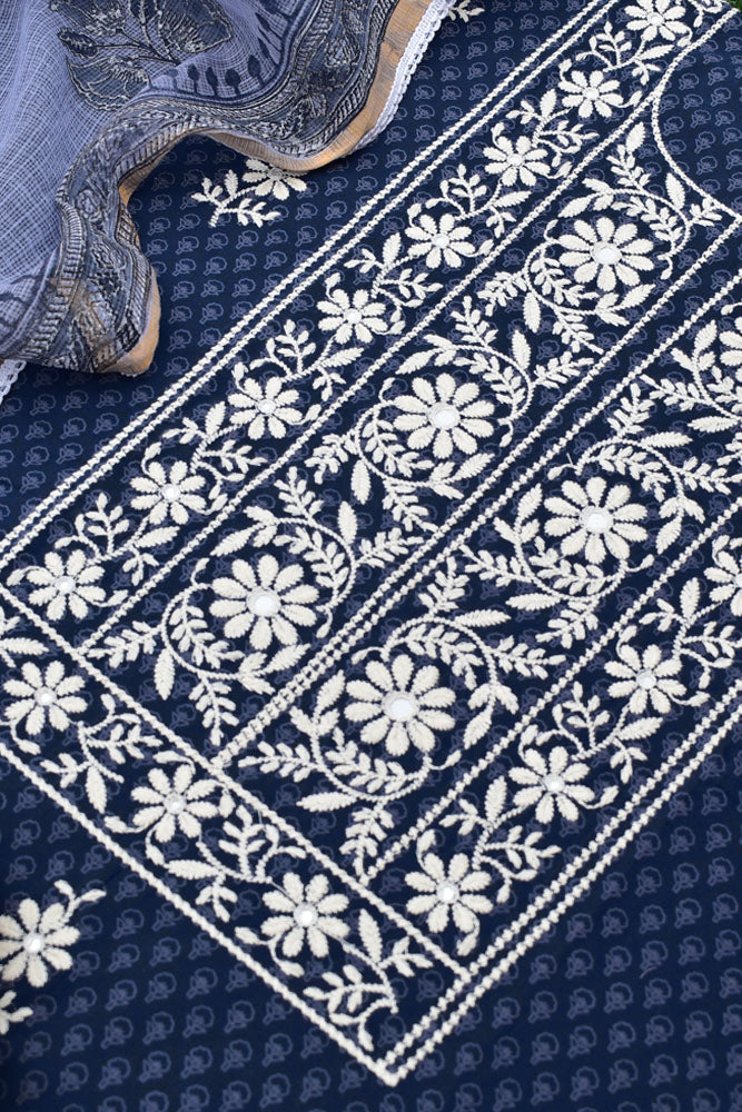 Beautiful Cotton Unstitched Suit Fabric with Embroidery work, Lace Detailing, Schiffli work bottom & & Kota Dupatta dupatta