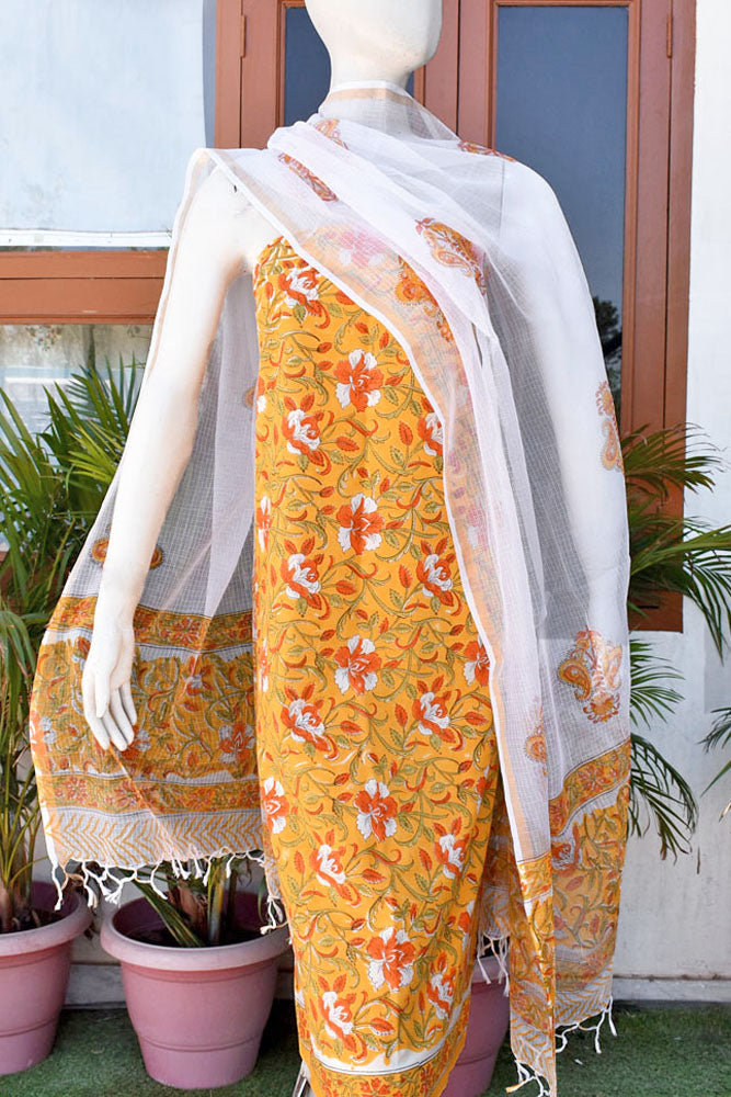 Beautiful Hand Block Printed Cotton unstitched suit fabric with Kota Doria Dupatta