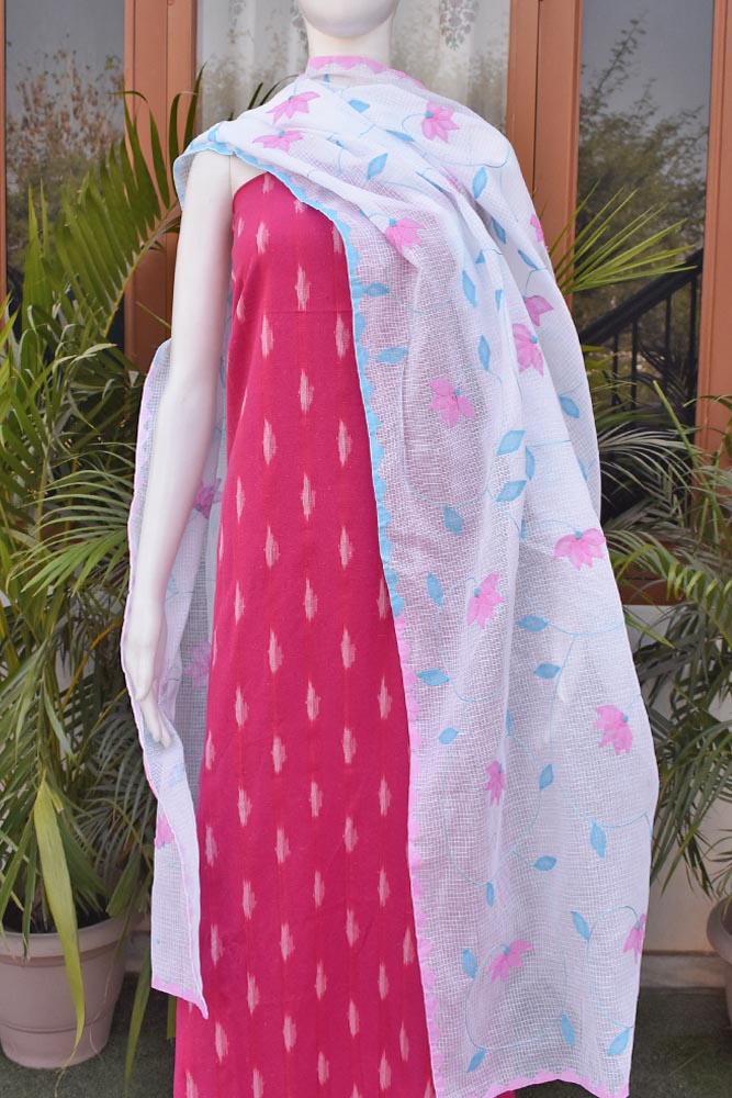 Elegant Handwoven Ikkat kurta fabric with Hand Phool Patti work dupatta - 2 pc set