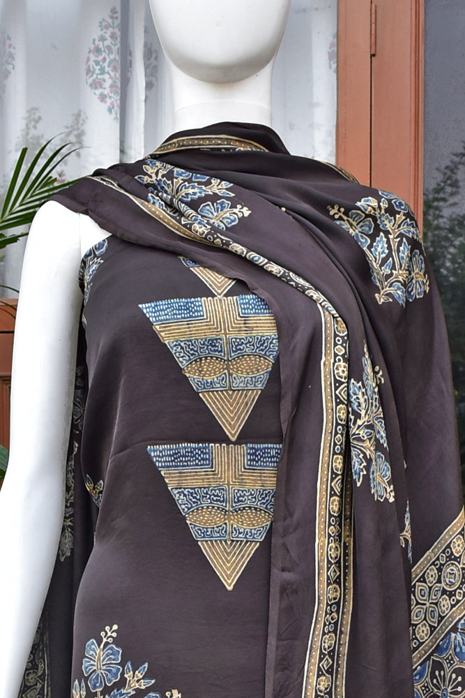 Designer Ajrakh Modal Kurta and Dupatta Set with Neck yoke and panel design
