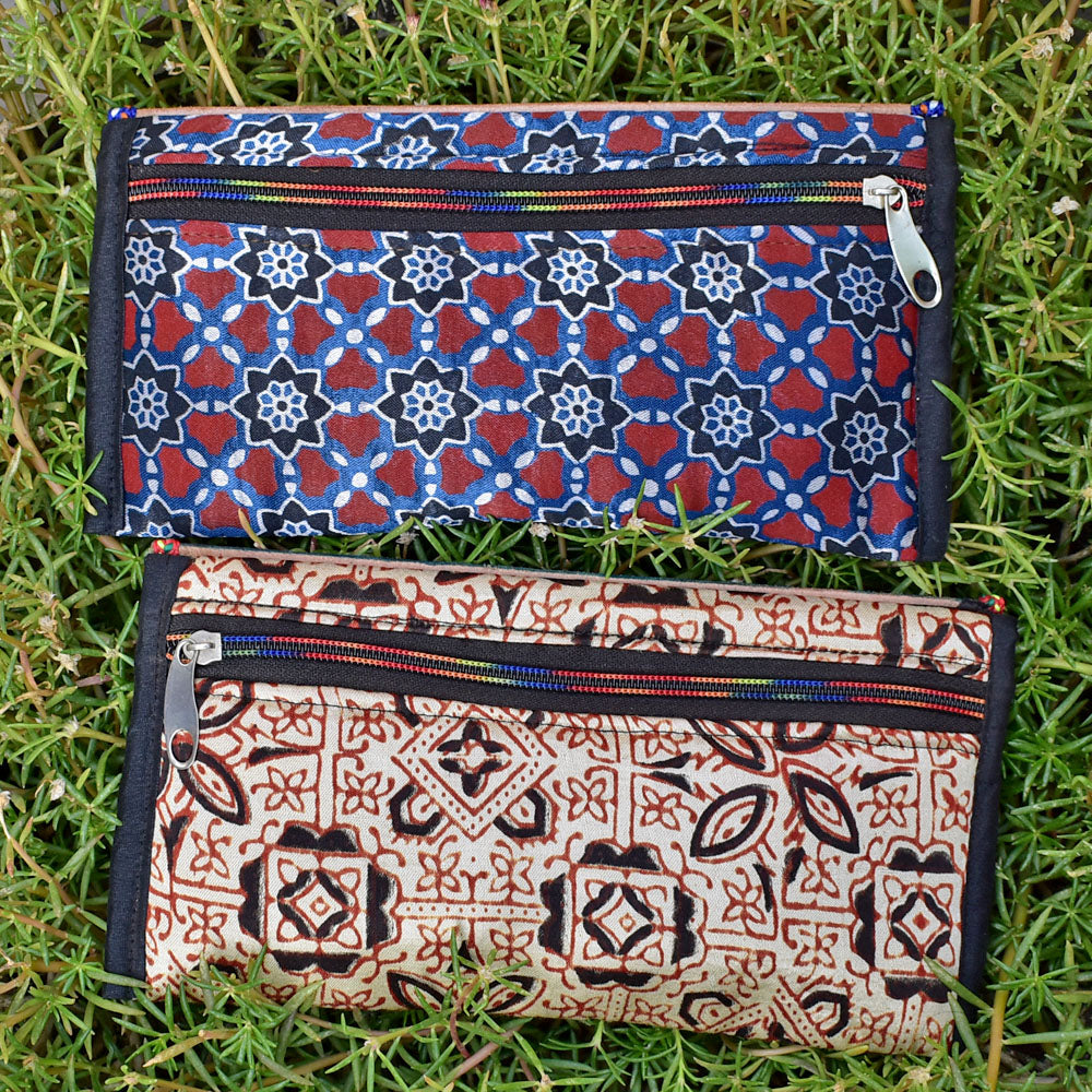 Set of 2 - Handcrafted Kutch Leather Punch work &Ajrakh Mashroo wallet/purse