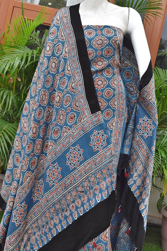 Designer Ajrakh Modal Kurta and Dupatta Set with Neck yoke and panel design