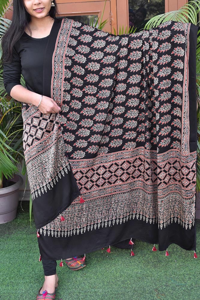 Elegant Modal Silk Ajrakh Block Print Dupatta with tassels