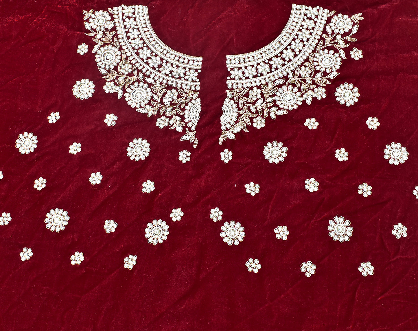 Maroon - Velvet Fabric with Heavy Hand Zardozi, Pearl, Dabka & Kundan Work Embroidery