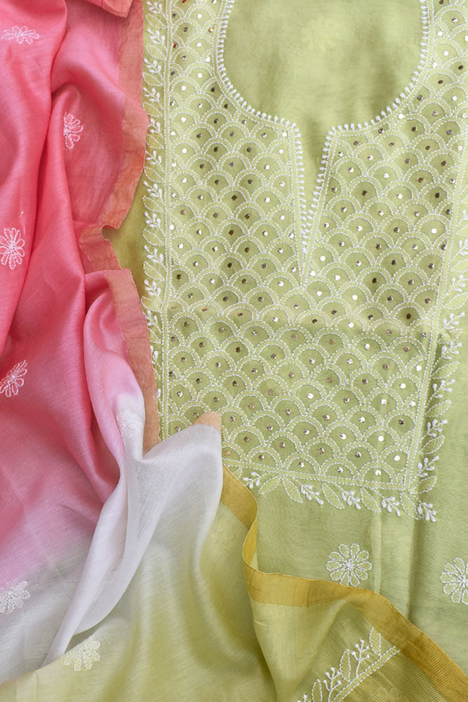 Elegant Chanderi Kurta & Tie & Dye Dupatta Set with Chikankari Embroidery & Muqaish work