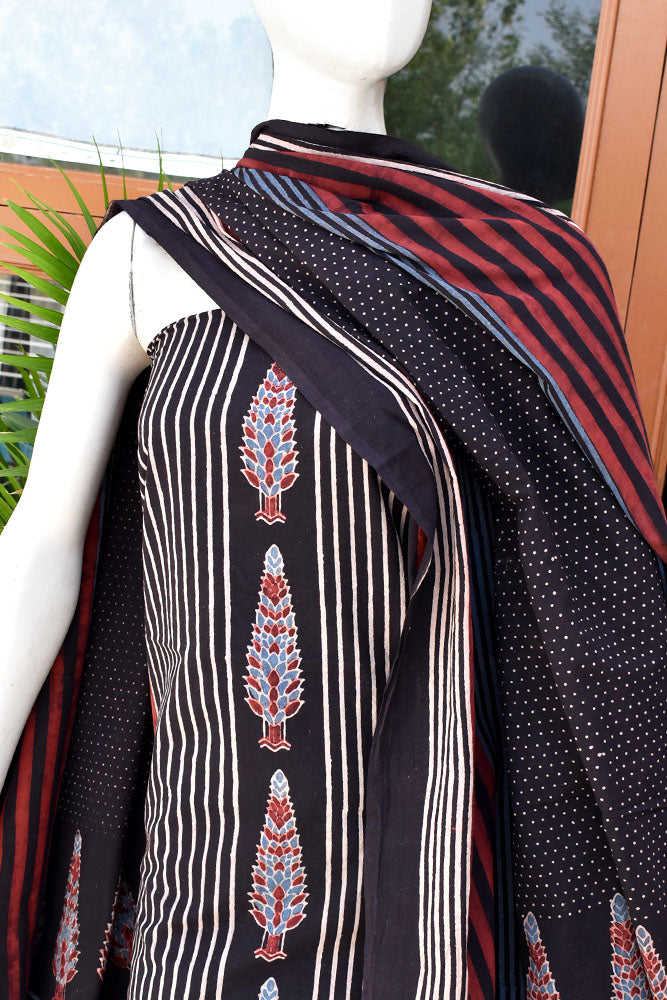 Hand Block Print Ajrakh Cotton Suit with designer Ajrakh neck yoke pattern