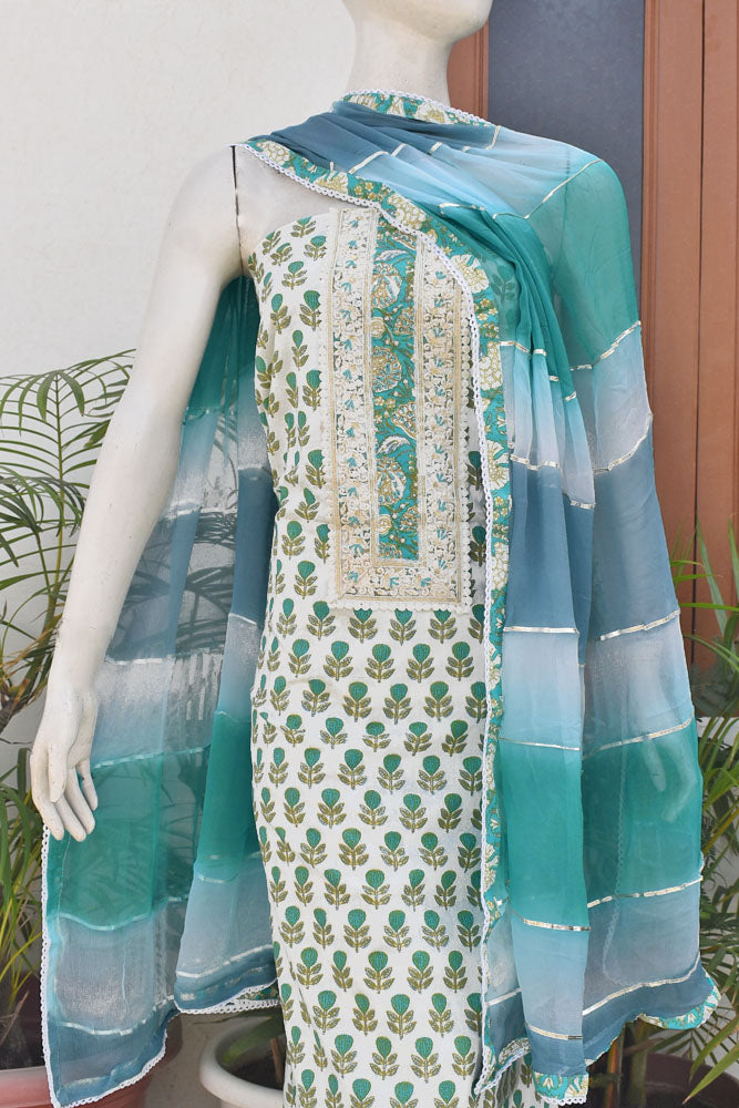 Beautiful Cotton Suit with Schiffli work Lace , Hand painted motifs & Hand Embroidery